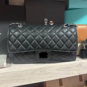Inspired Black Quilted Shoulder Bag with Silver Chain